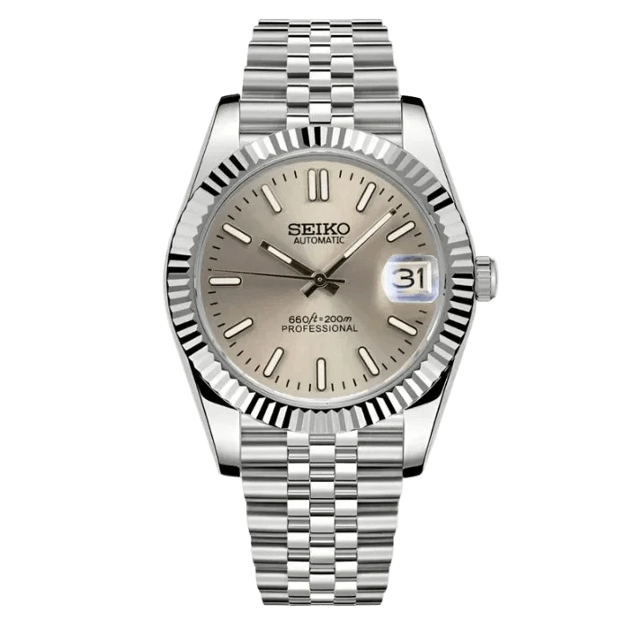 champagne dial stainless steel Seiko NH35 mod watch with fluted bezel on jubilee bracelet, front view