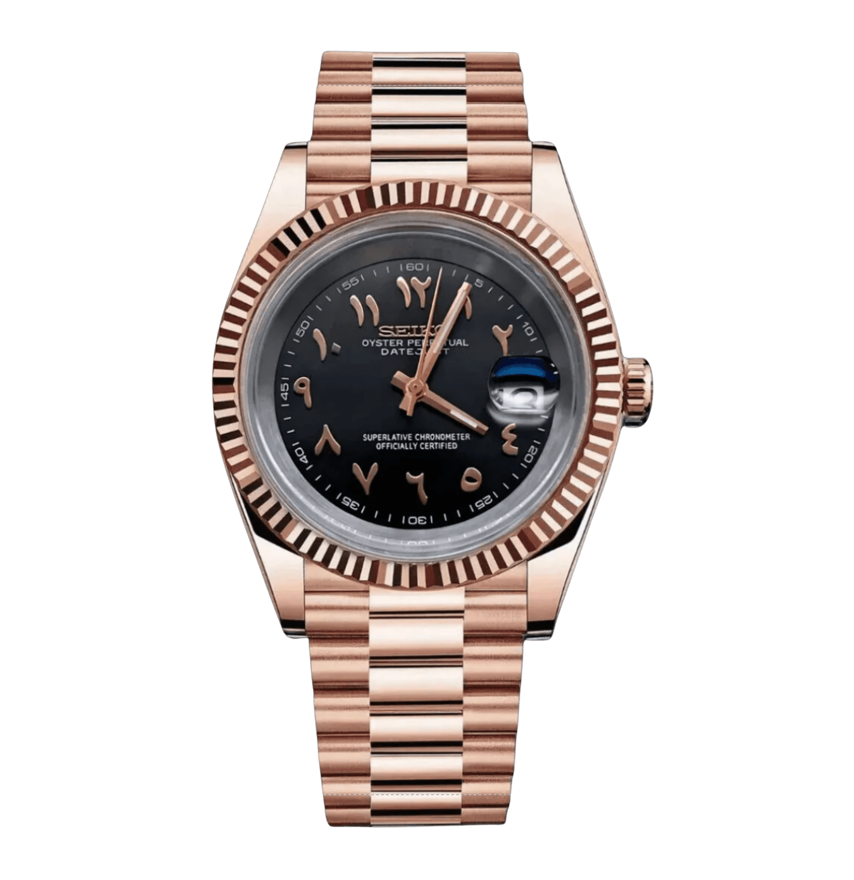Black rose gold Arabic Seiko NH35 mod watch on jubilee bracelet, front view