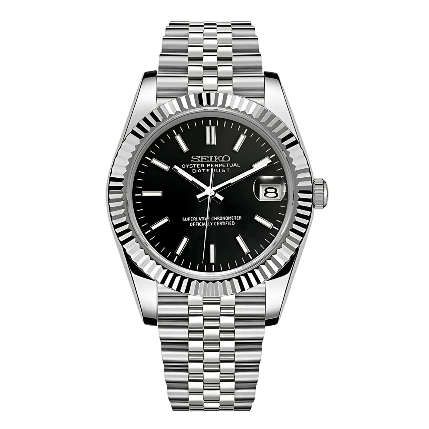 black dial stainless steel Seiko NH35 mod watch with fluted bezel on jubilee bracelet, front view