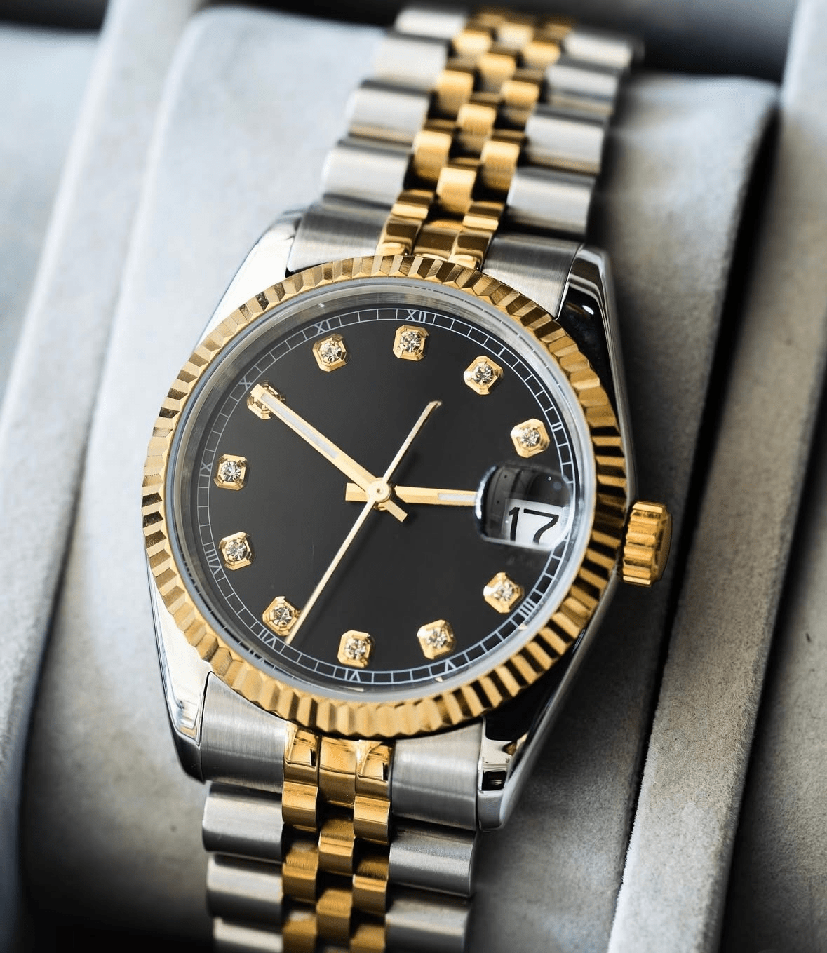black diamond dial two-tone gold and stainless steel Seiko NH35 mod watch on jubilee bracelet, product shot no logo