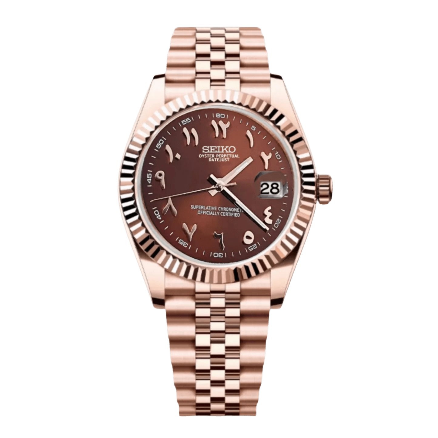 brown rose gold Arabic Seiko NH35 mod watch on jubilee bracelet, front view