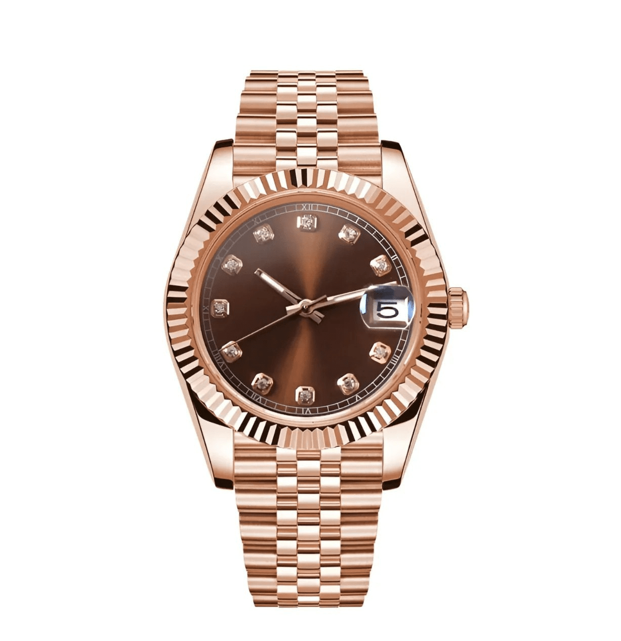 brown diamond dial rose gold Seiko NH35 mod watch on jubilee bracelet, front view no logo