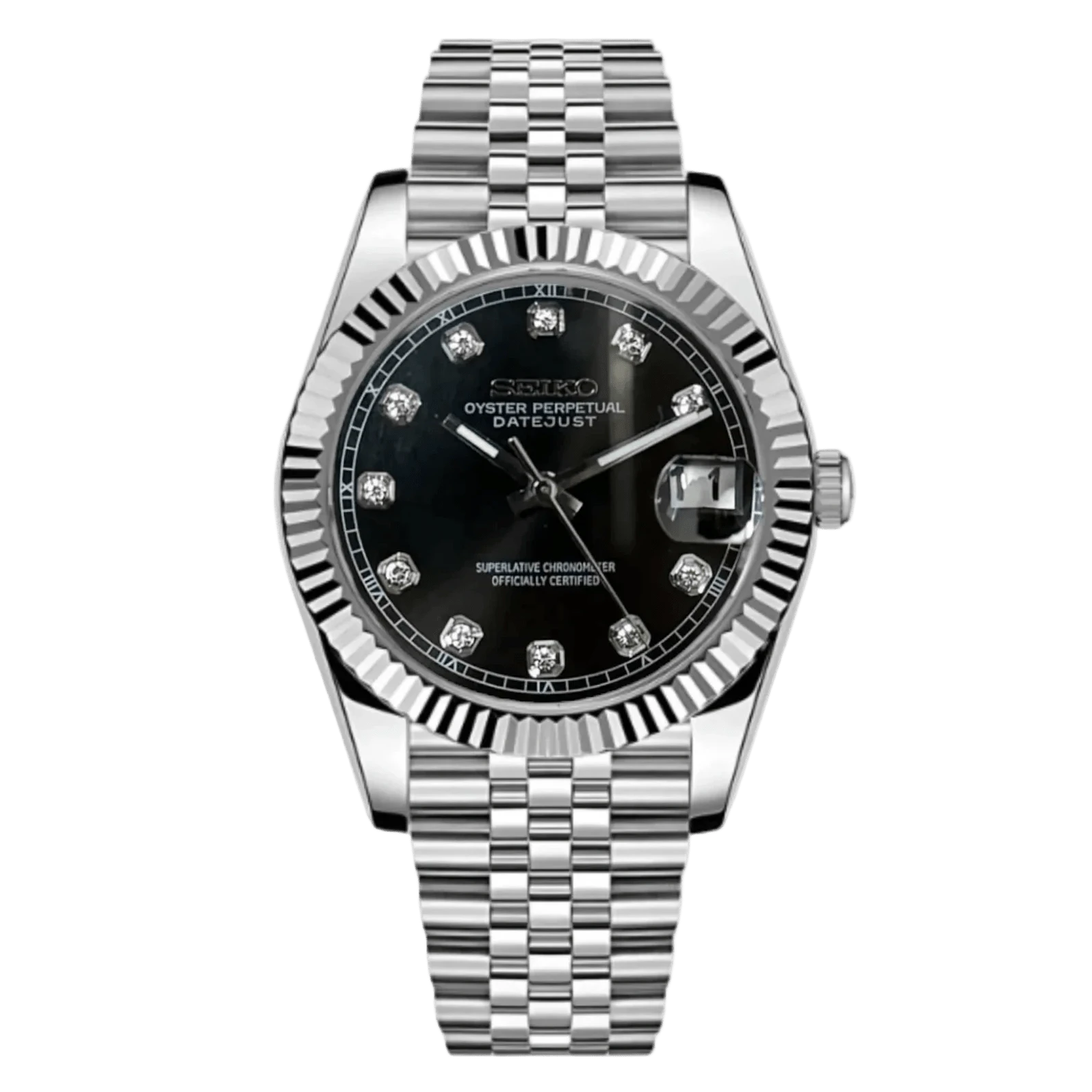 black diamond dial stainless steel Seiko NH35 mod watch on jubilee bracelet, front view