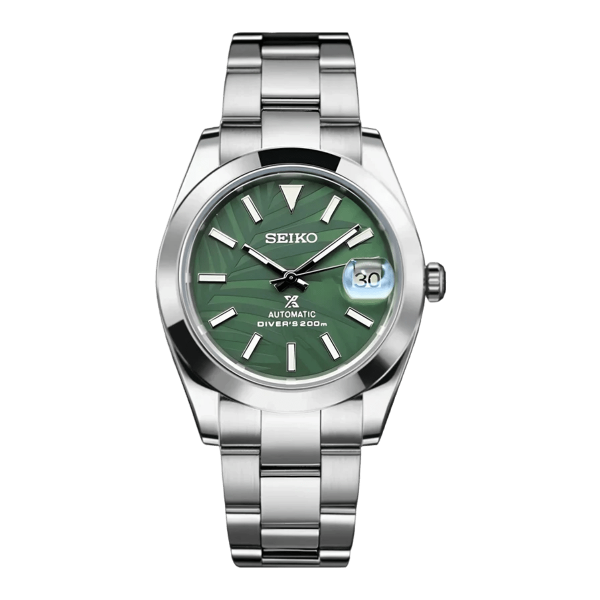 green leaf dial stainless steel Seiko NH35 mod watch with smooth bezel on oyster bracelet, front view