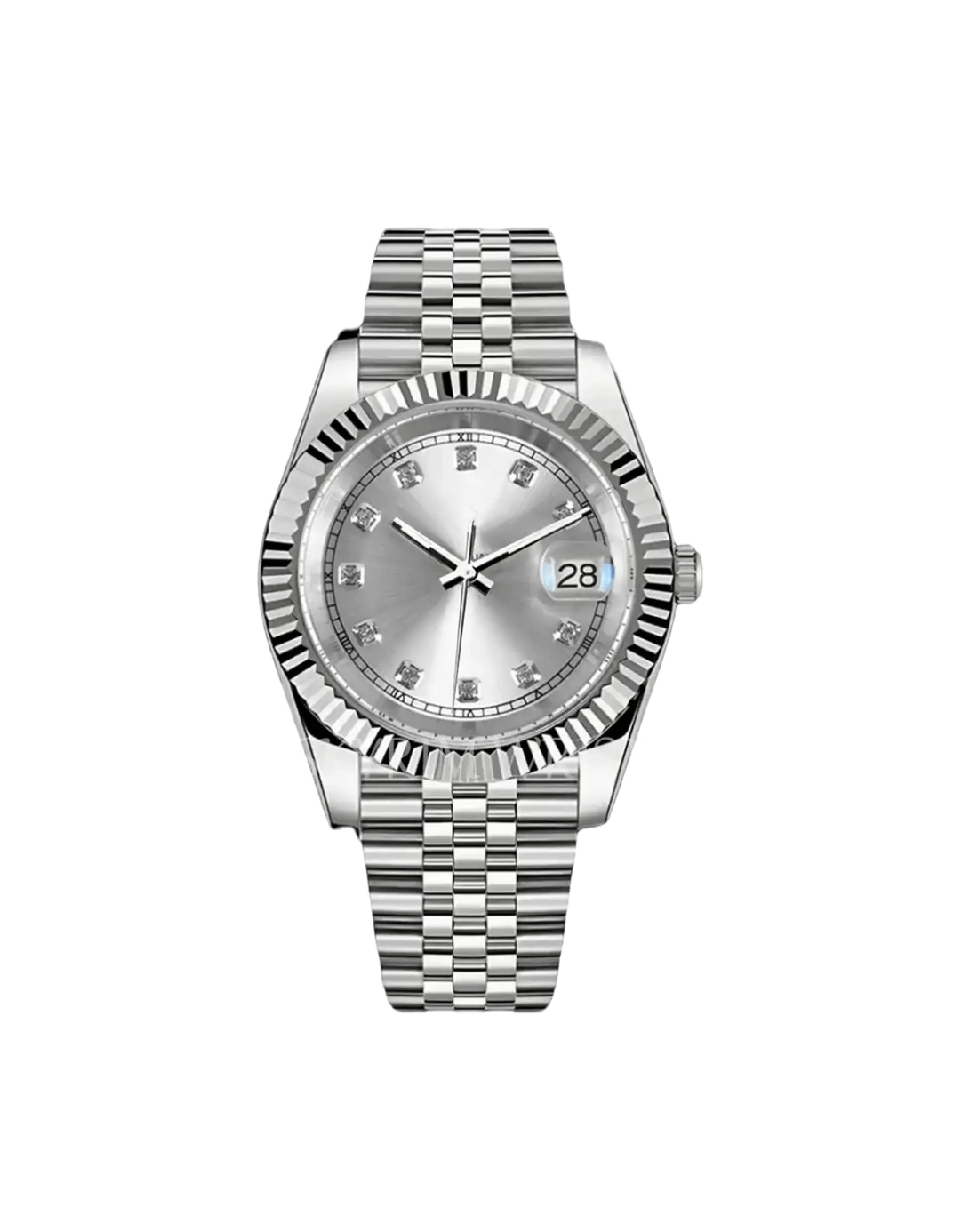 silver diamond dial stainless steel Seiko NH35 mod watch on jubilee bracelet, front view no logo