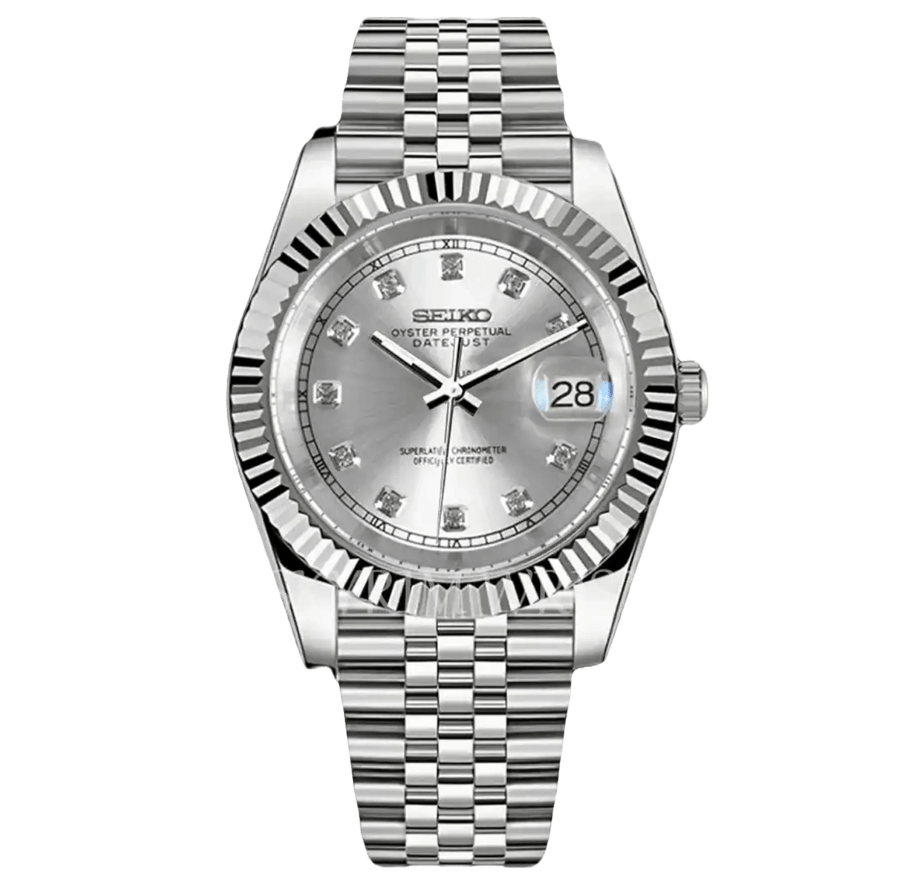 silver diamond dial stainless steel Seiko NH35 mod watch on jubilee bracelet, front view