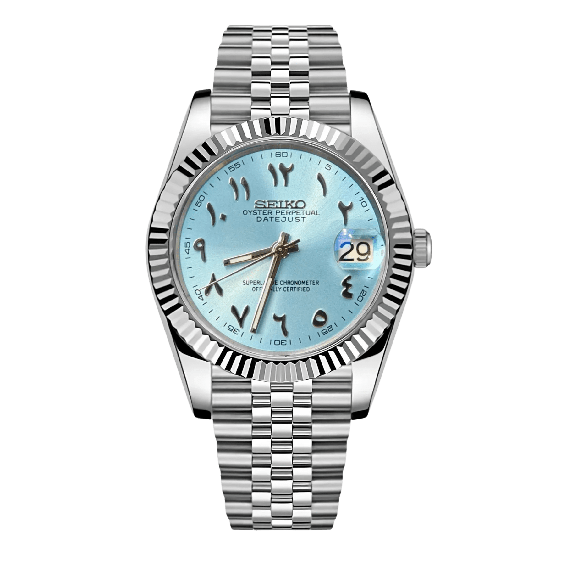 ice blue Arabic dial stainless steel Seiko NH35 mod watch on jubilee bracelet, front view