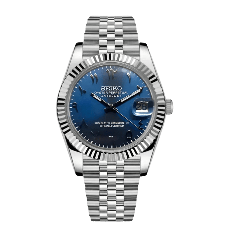 blue Arabic dial stainless steel Seiko NH35 mod watch on jubilee bracelet, front view