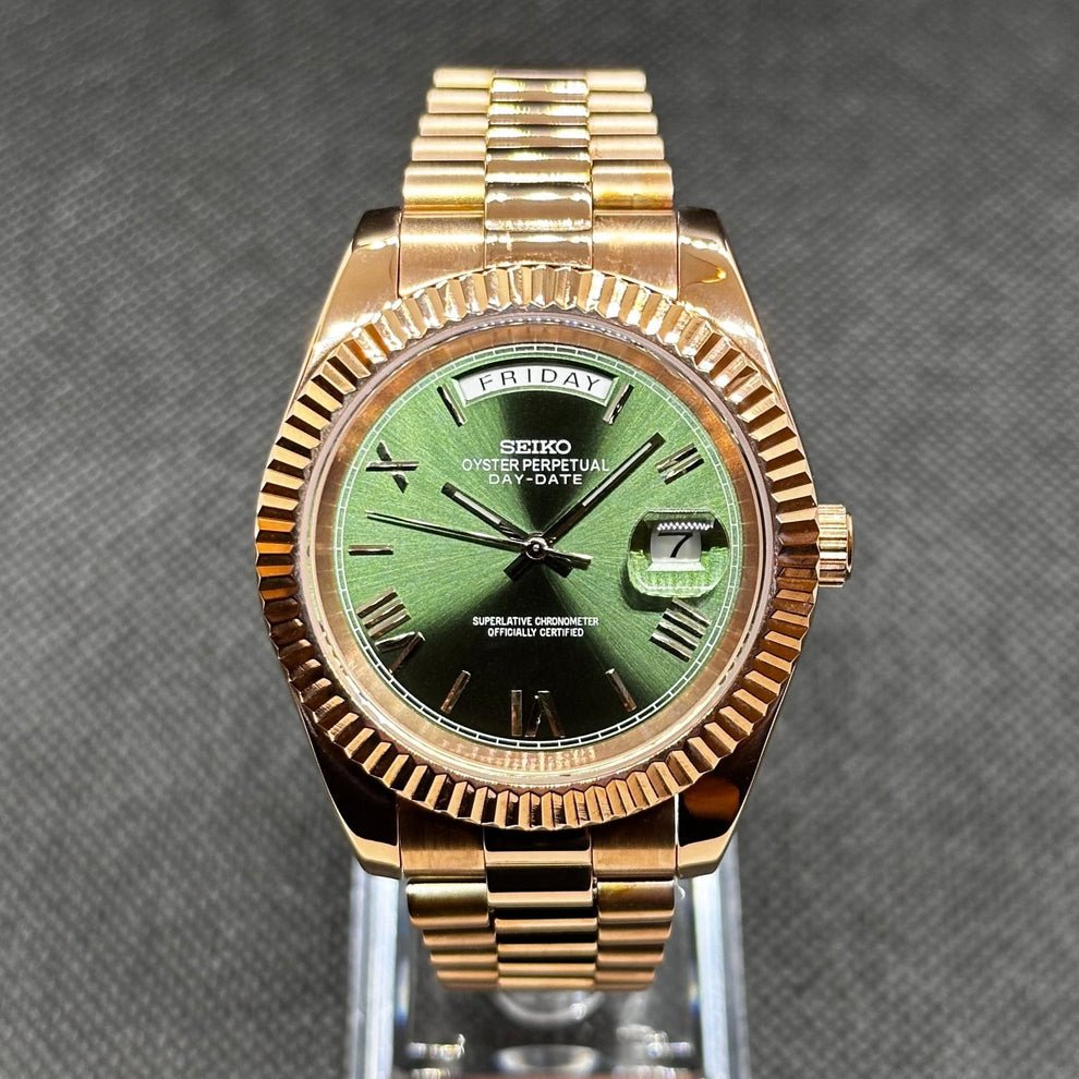 Seiko mod day date olive green sunburst Roman dial gold tone fluted bezel President bracelet NH35 automatic watch