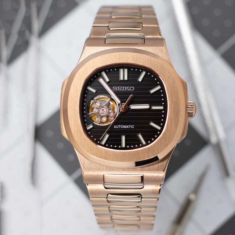 Seiko Mod Nautiko Open Heart Rose Gold Black with NH38 automatic