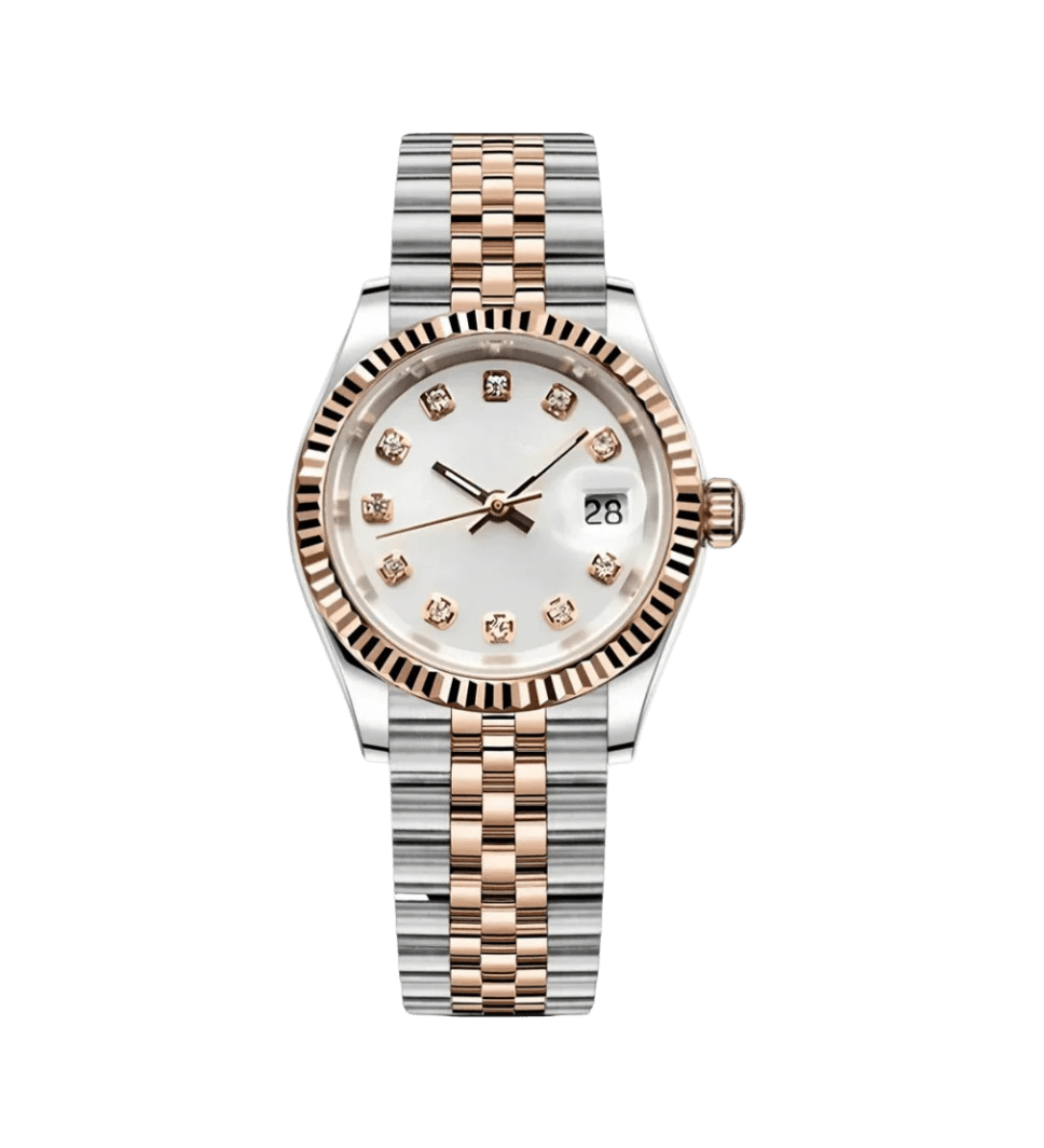 ladies white diamond dial two-tone rose gold and stainless steel Seiko NH35 mod watch on jubilee bracelet, front view