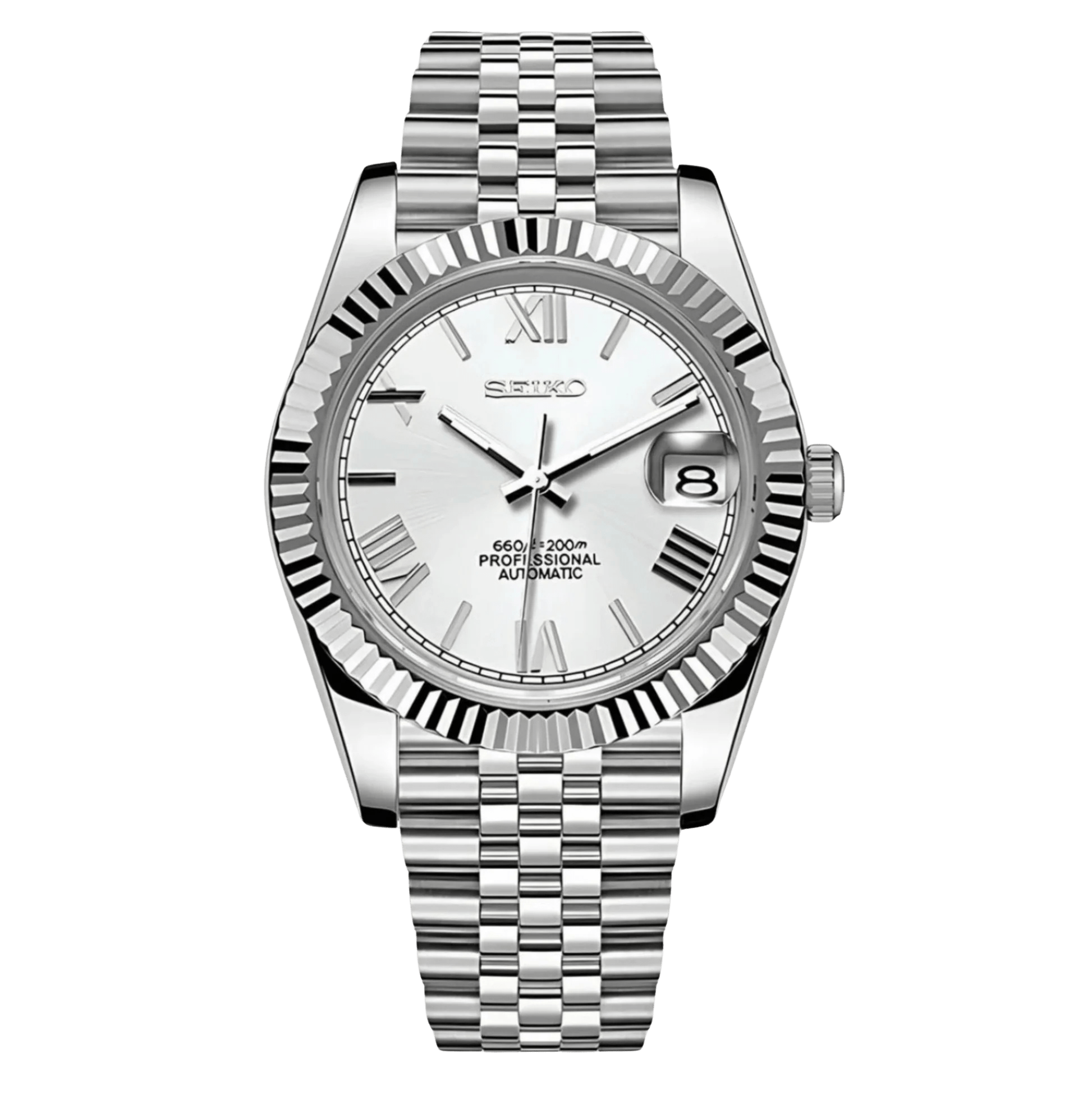 white Roman dial stainless steel Seiko NH35 mod watch on jubilee bracelet, front view