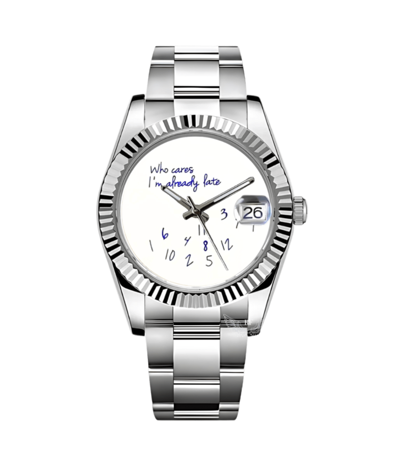 white “Who cares I’m already late” novelty dial stainless steel Seiko NH35 mod watch on oyster bracelet, front view