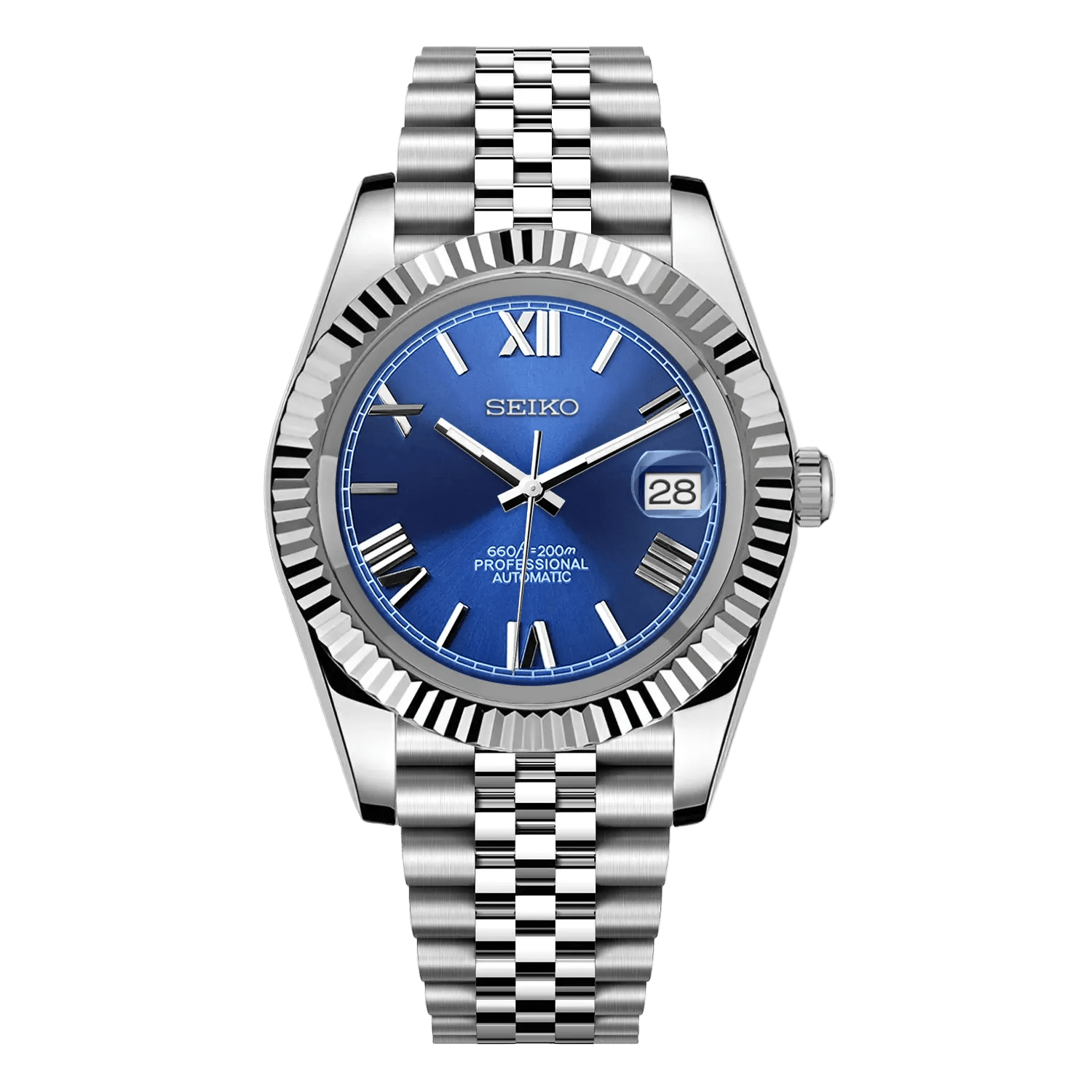 blue Roman dial stainless steel Seiko NH35 mod watch on jubilee bracelet, front view on white background