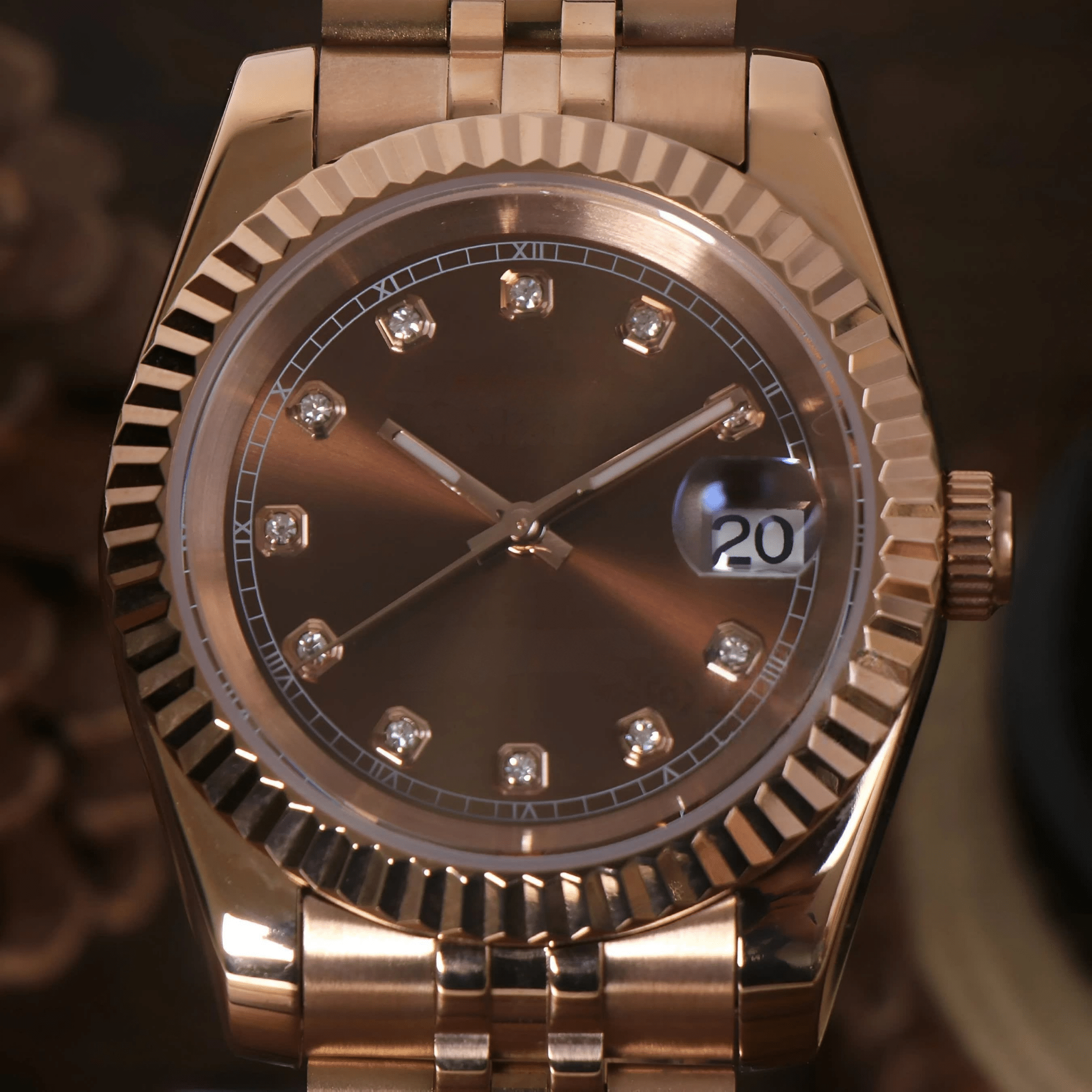 rose gold Seiko mod watch with brown diamond dial, product shot