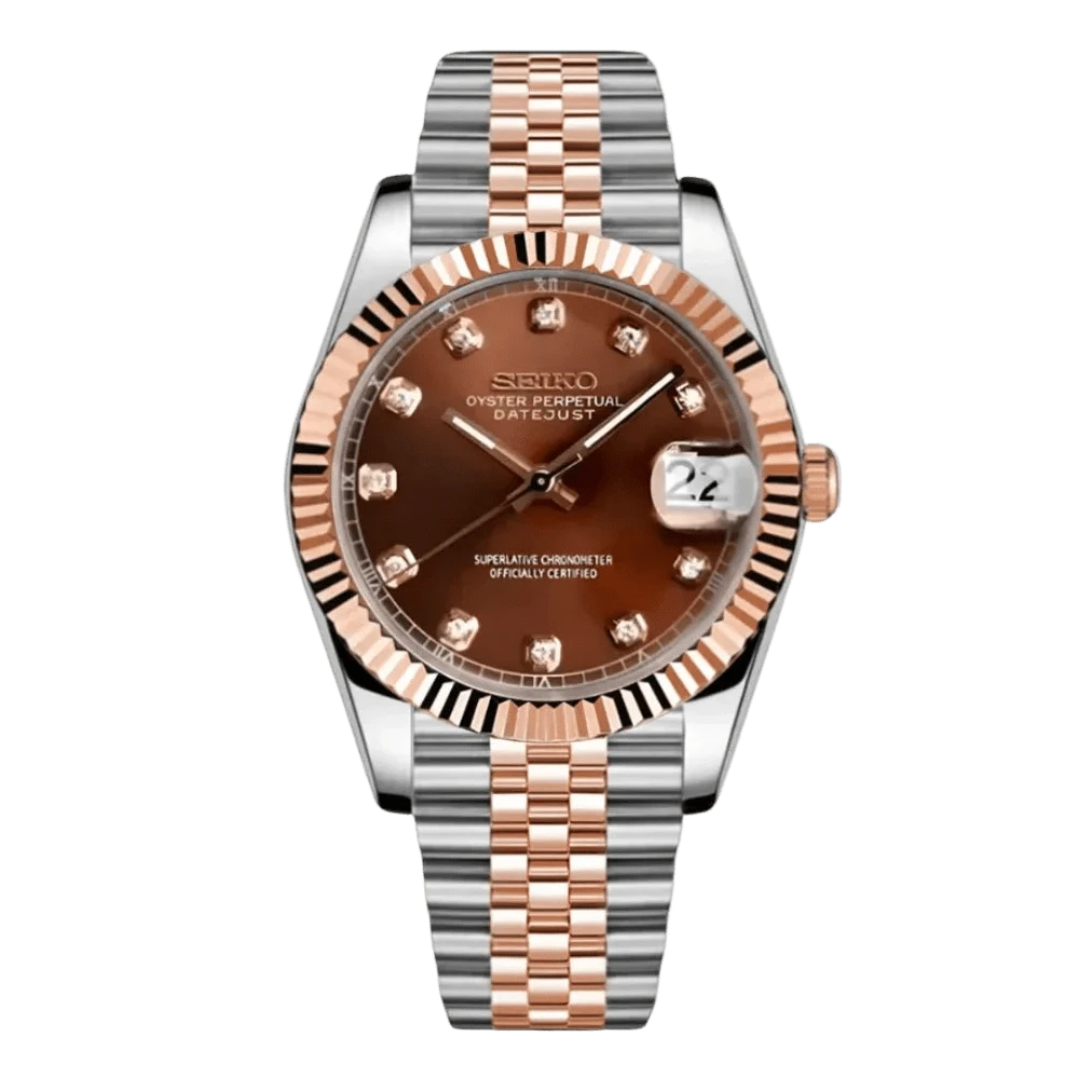 brown diamond dial two-tone rose gold and stainless steel Seiko NH35 mod watch on jubilee bracelet, front view