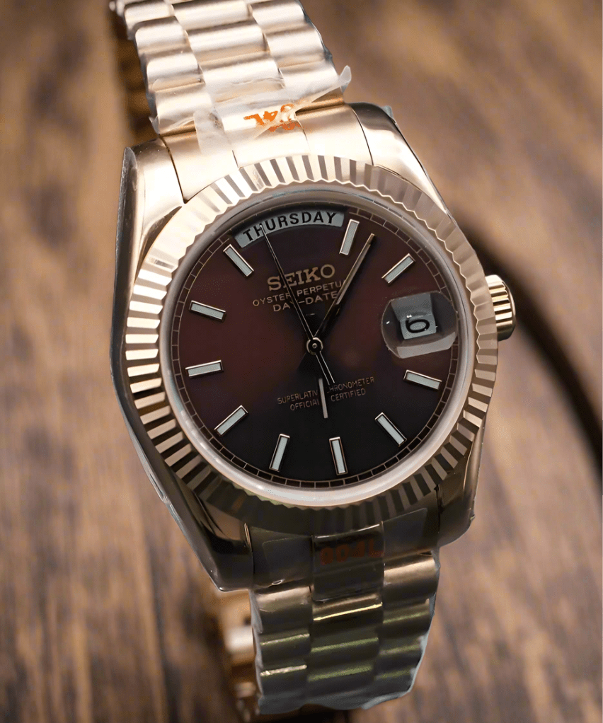 Seiko mod day date brown ombre dial gold tone fluted bezel President bracelet NH35 automatic watch
