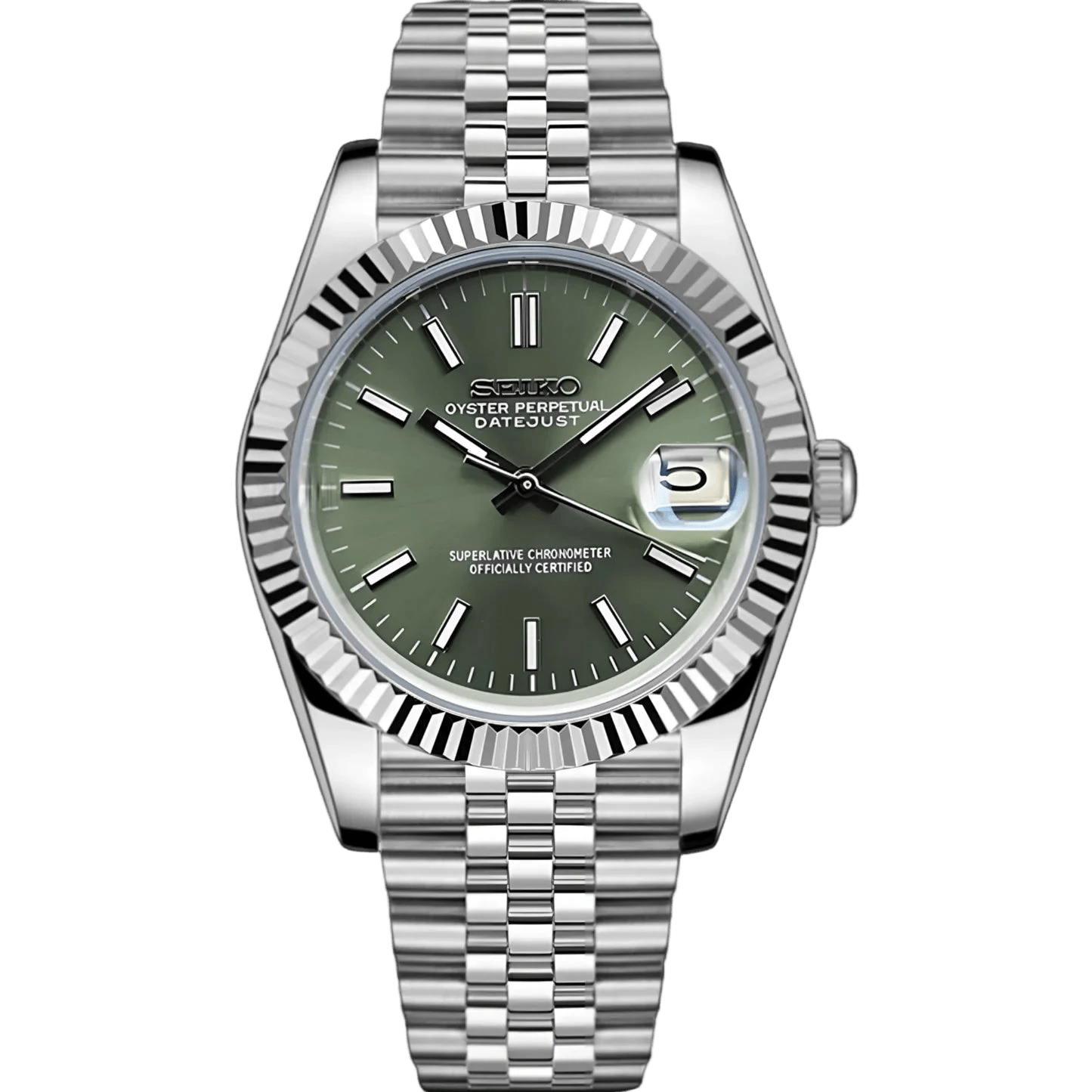 olive green dial stainless steel Seiko NH35 mod watch with fluted bezel on jubilee bracelet, front view