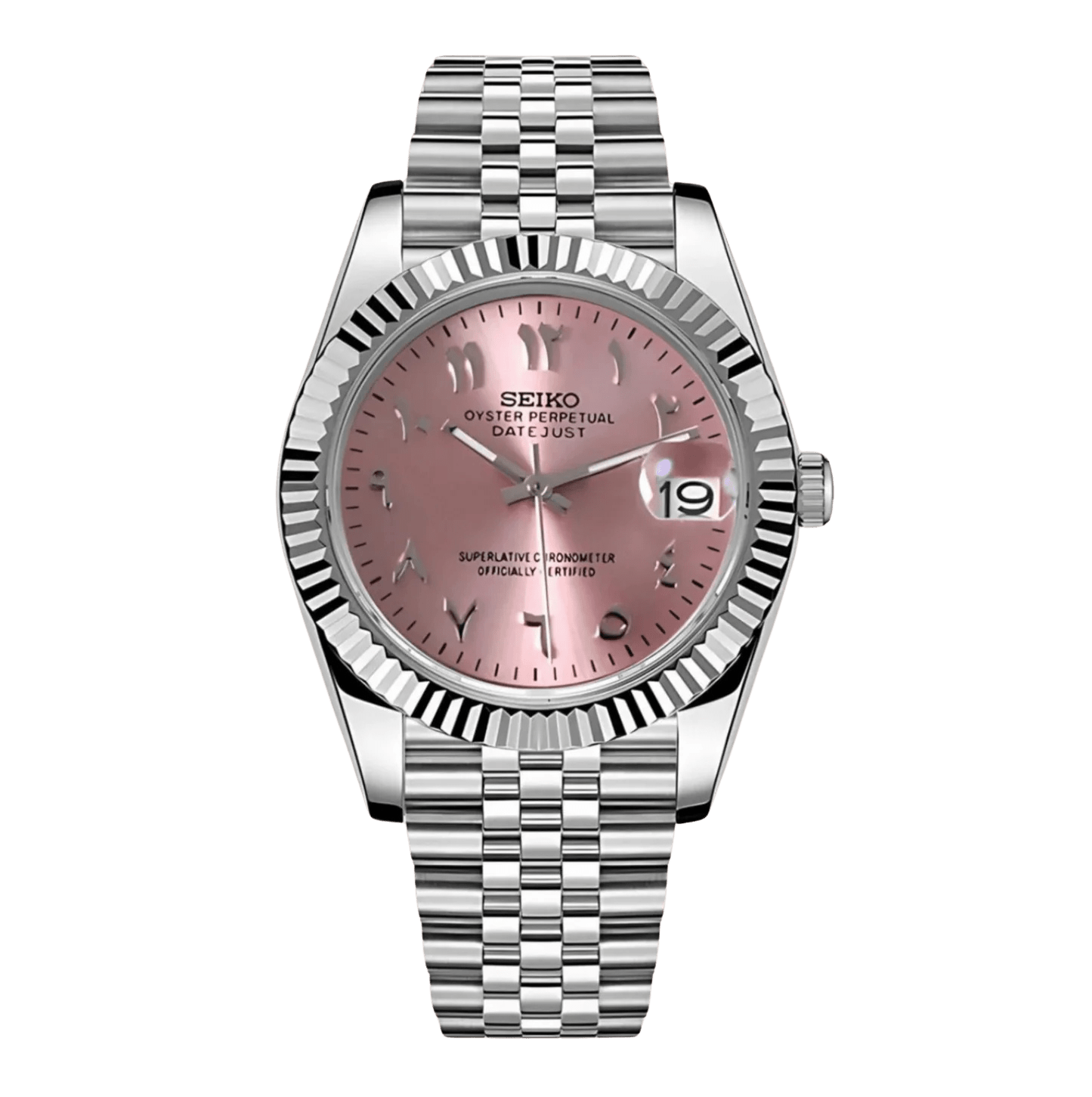 pink Arabic dial stainless steel Seiko NH35 mod watch on jubilee bracelet, front view