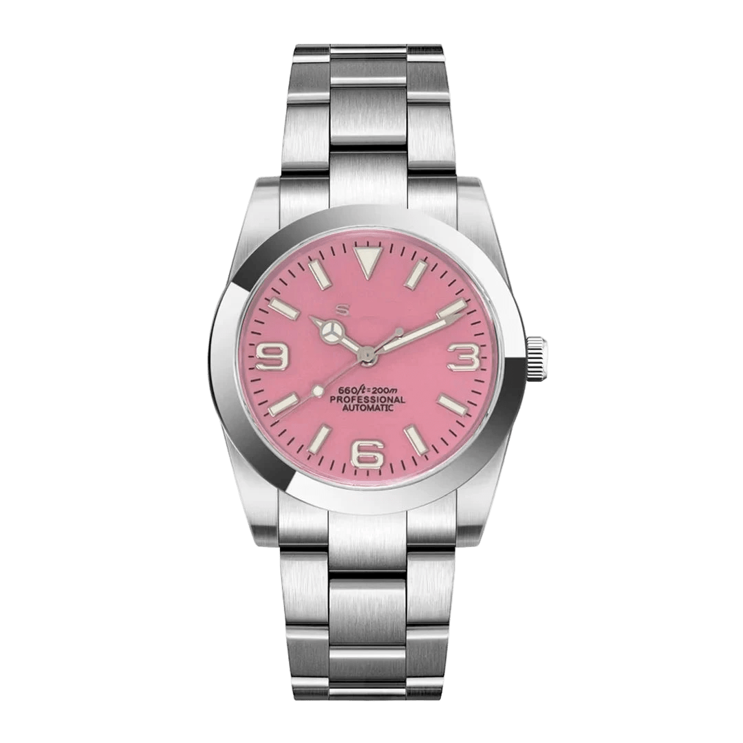 Custom Seiko mod watch with pink Explorer dial and stainless steel bracelet – MedoMods