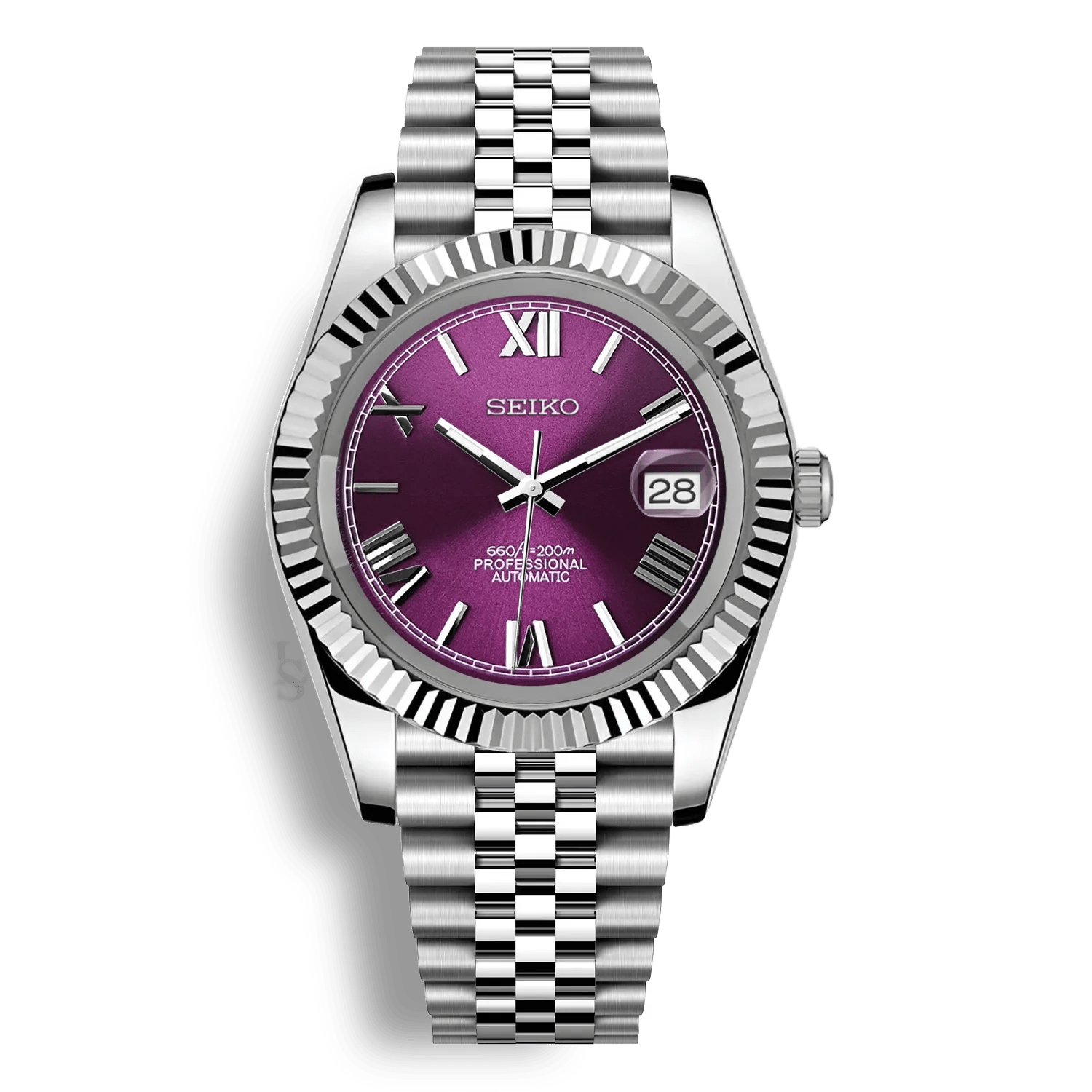 purple Roman dial stainless steel Seiko NH35 mod watch on jubilee bracelet, front view