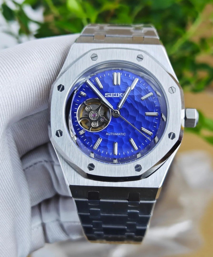 seiko mod royal oak style blue open heart dial NH38 automatic stainless steel integrated bracelet