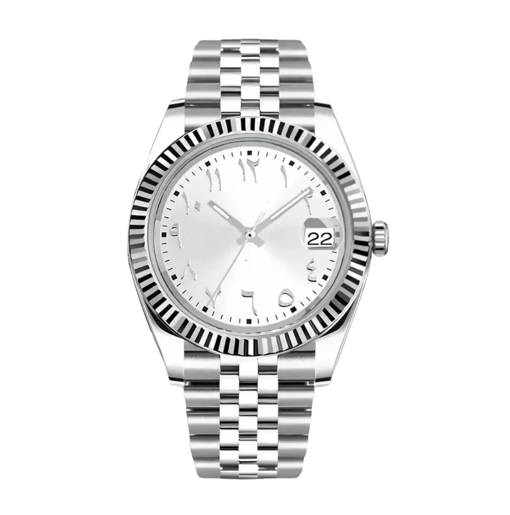 silver Arabic dial stainless steel Seiko NH35 mod watch on jubilee bracelet, front view no logo