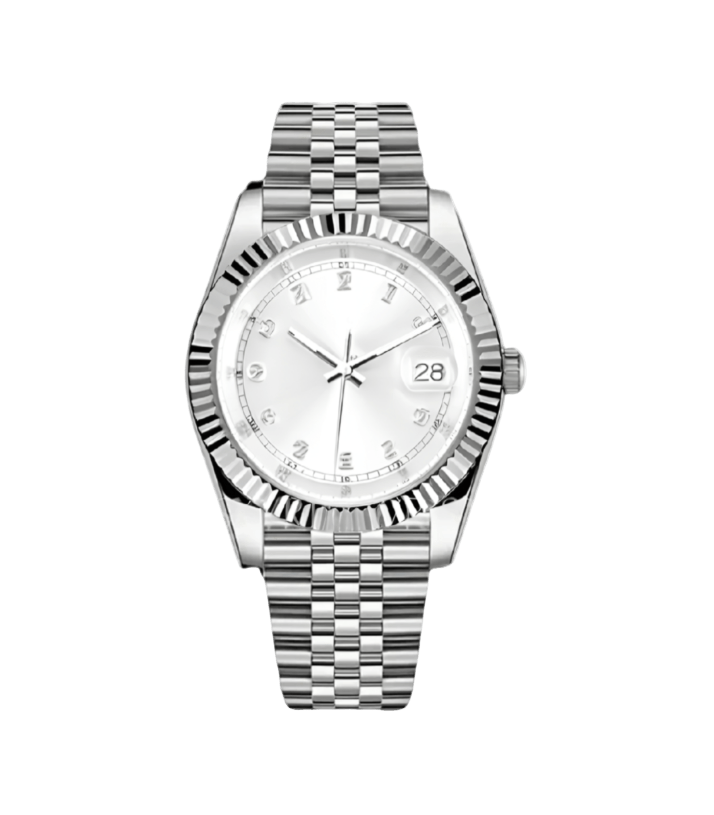 white diamond dial stainless steel Seiko NH35 mod watch on jubilee bracelet, front view
