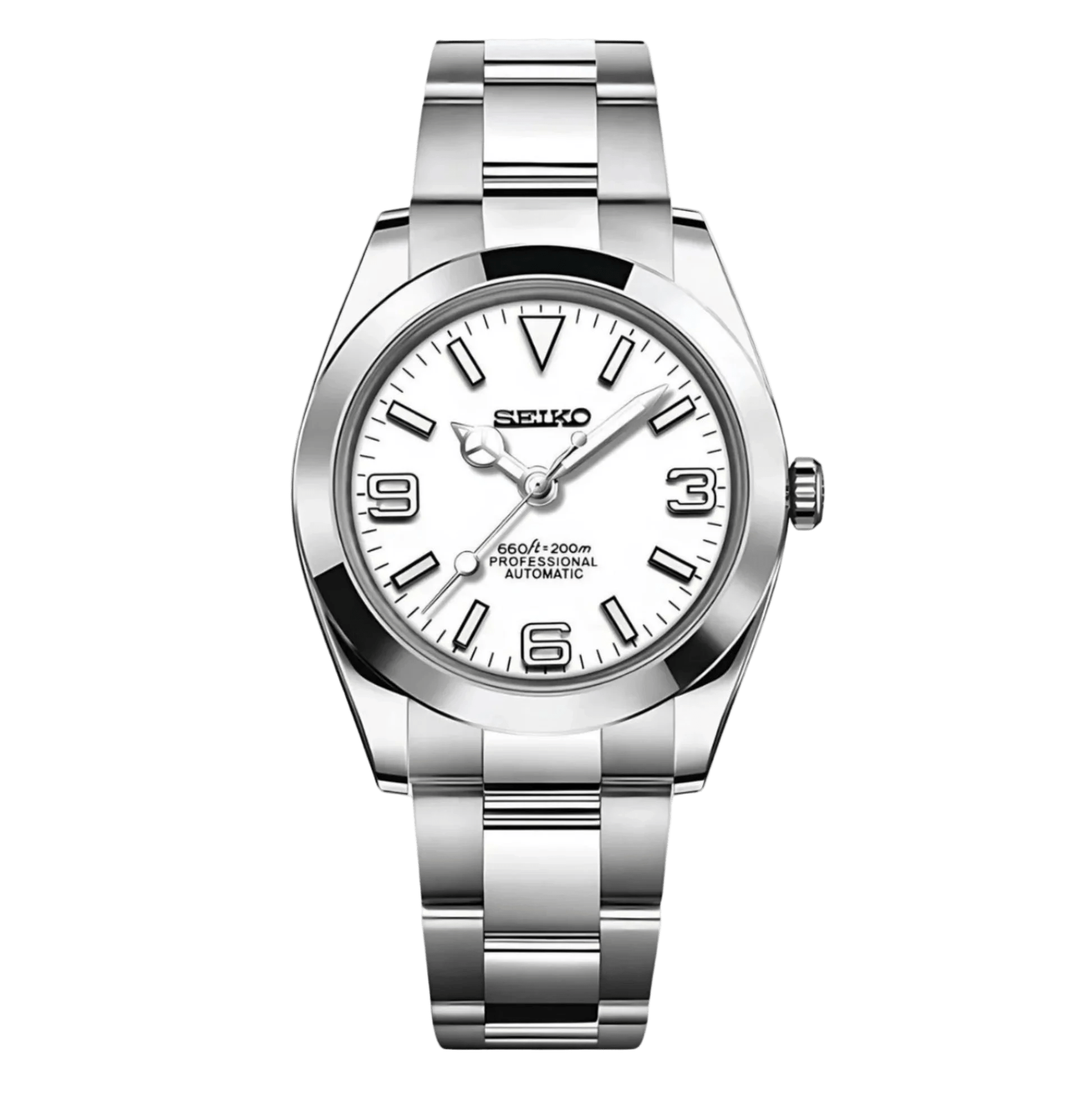 White dial Seiko NH35 explorer style mod watch on stainless steel bracelet – MedoMods