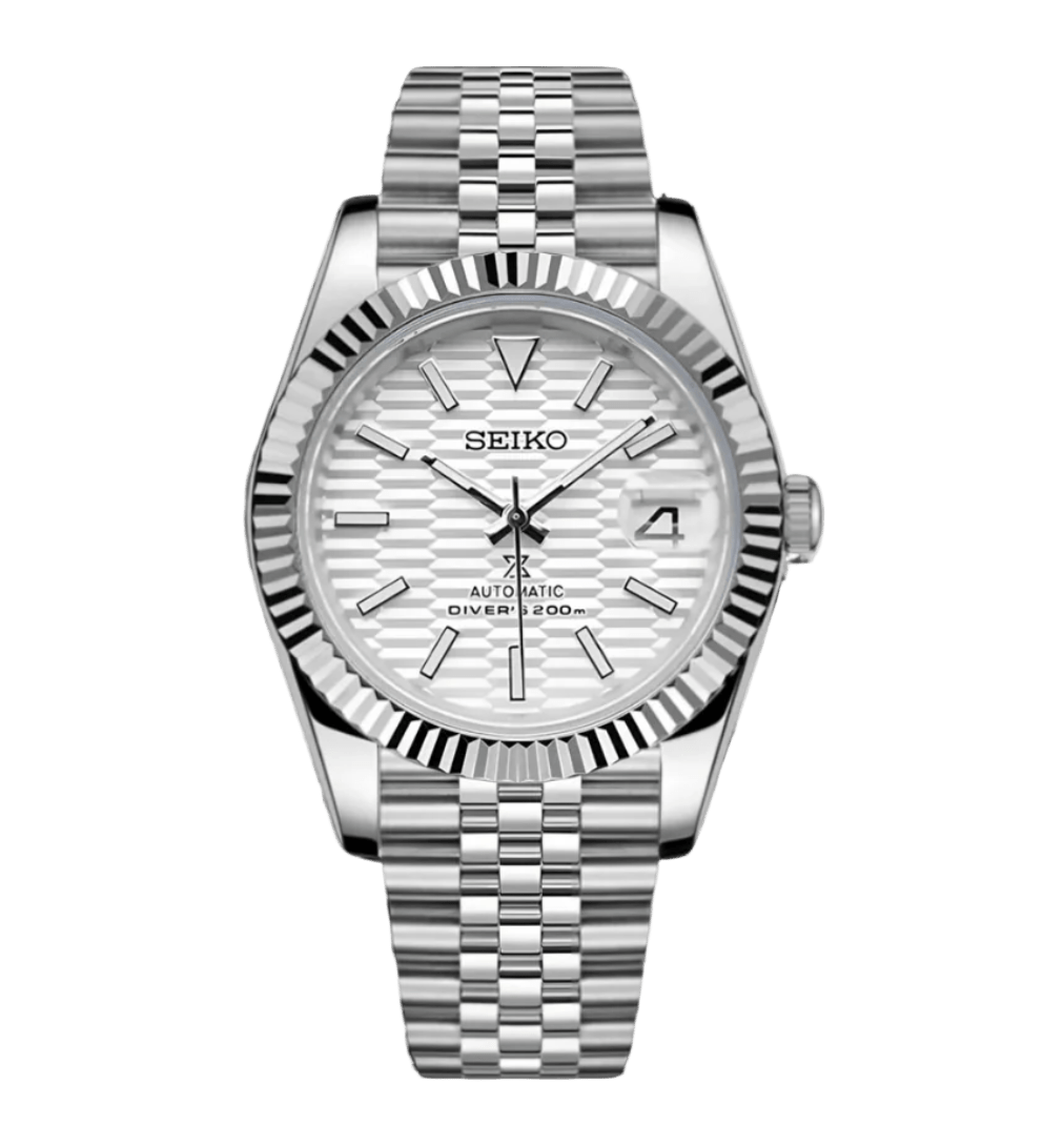 white textured dial stainless steel Seiko NH35 mod watch with fluted bezel on jubilee bracelet, front view