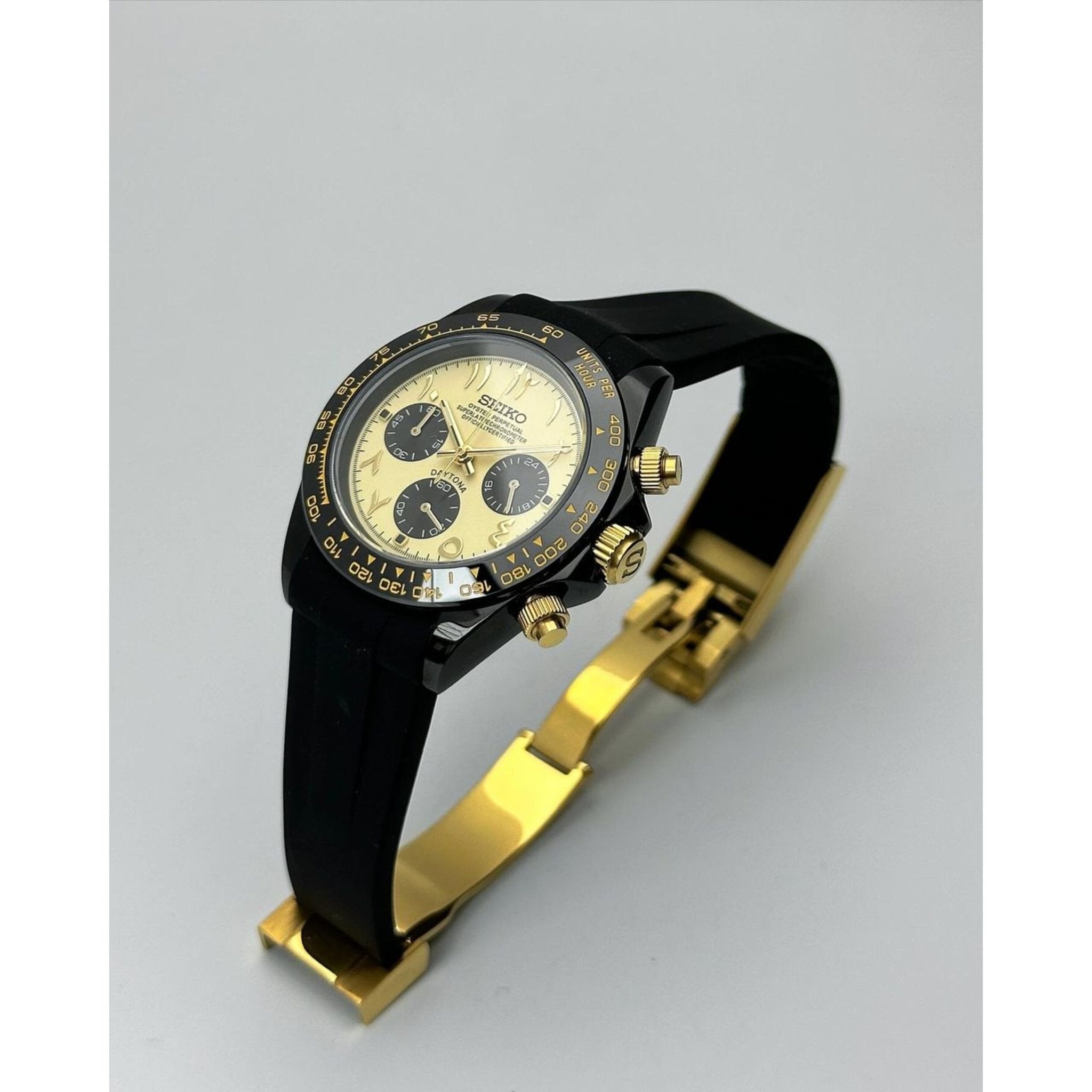 yellow Arabic dial Seiko mod chronograph with sapphire crystal product shot