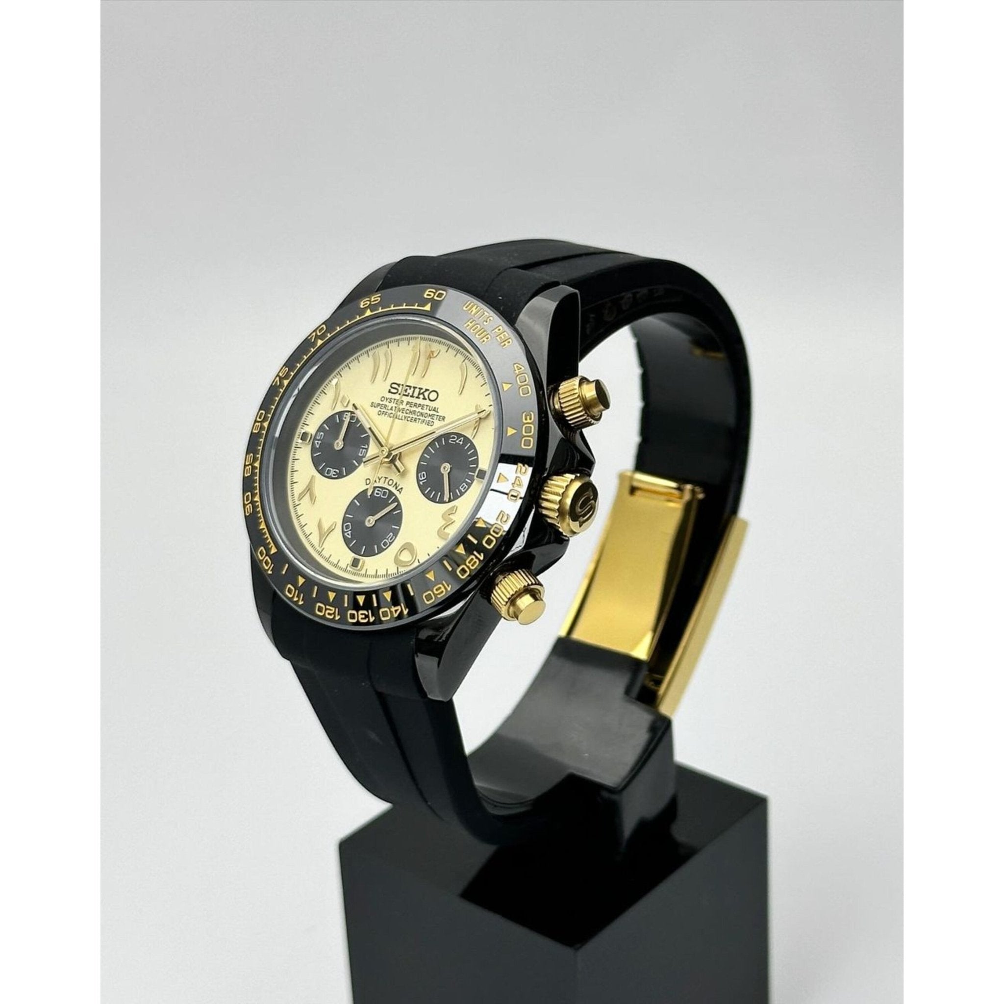 yellow Arabic dial Seiko mod chronograph with sapphire crystal product shot
